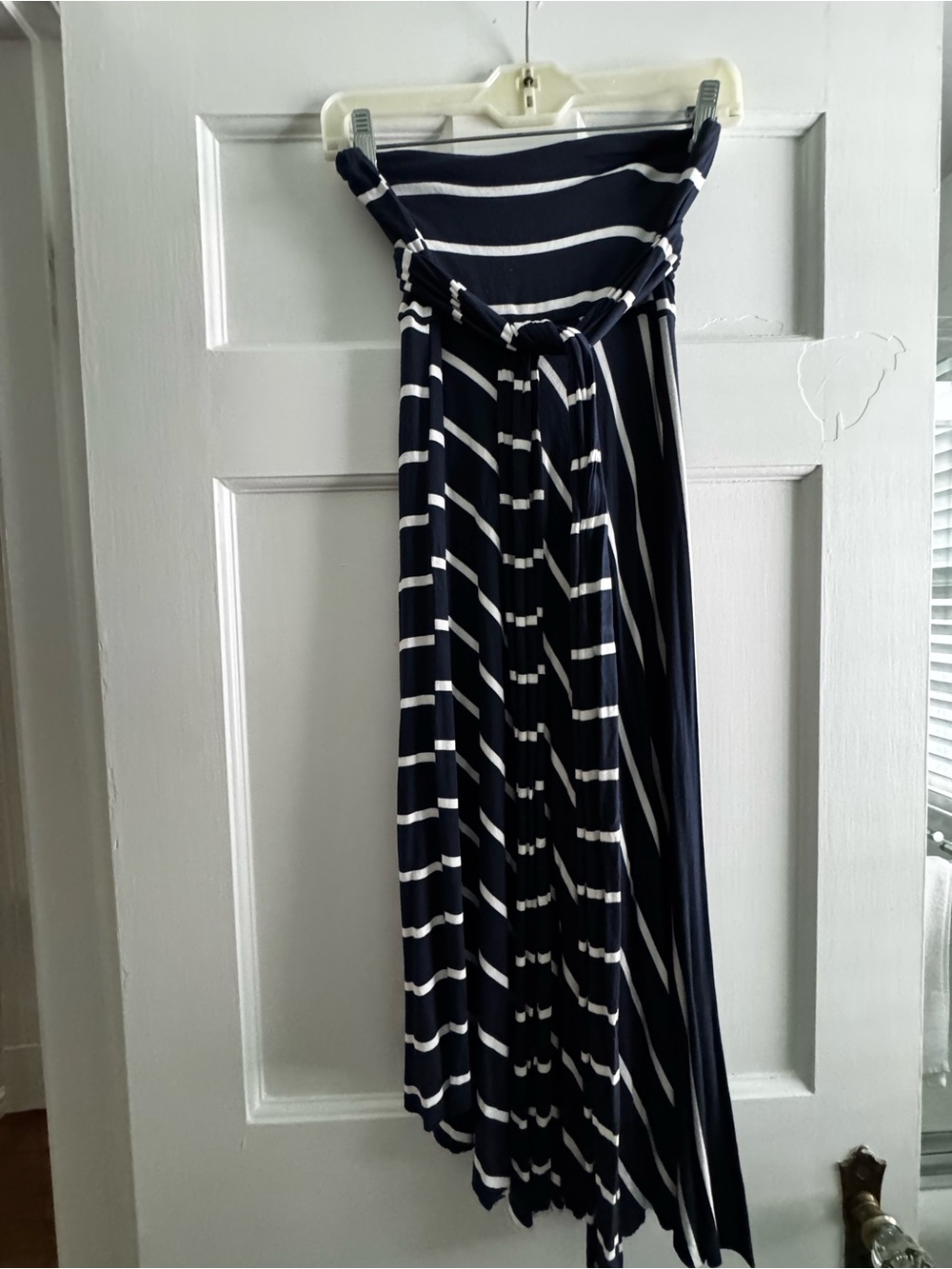 Striped Navy and White Strapless Maxi Dress